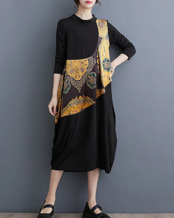 ellazhu Women's Solid Color Floral Print Long Sleeve Shirt Dress GZ144