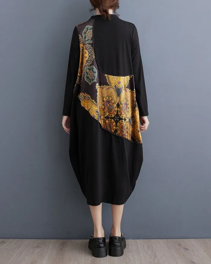 ellazhu Women's Solid Color Floral Print Long Sleeve Shirt Dress GZ144