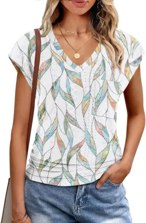Eyelet Womens Tops Cap Sleeve V Neck T Shirts for Women Casual Loose Basic Tee Summer Shirts 2025 Trendy Clothes