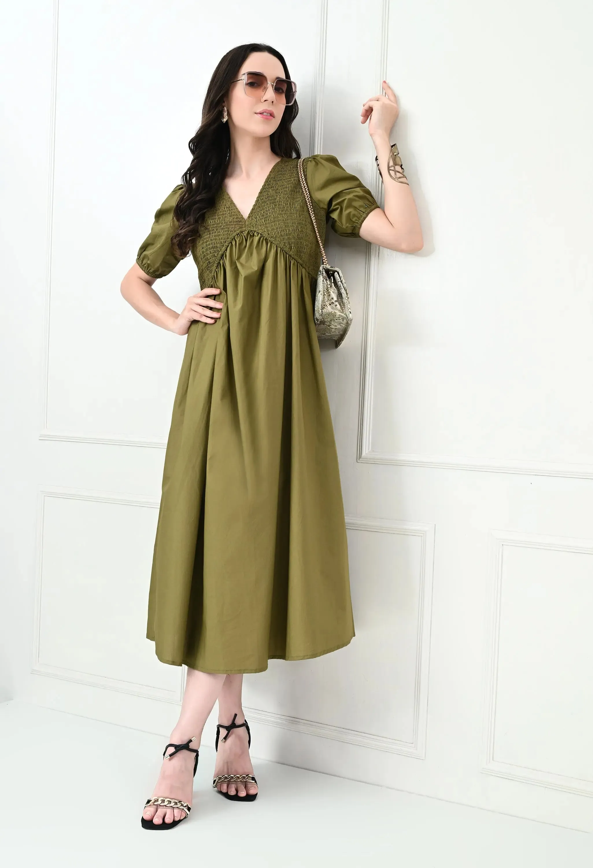 Khaki Shirred V-Neck Midi Dress