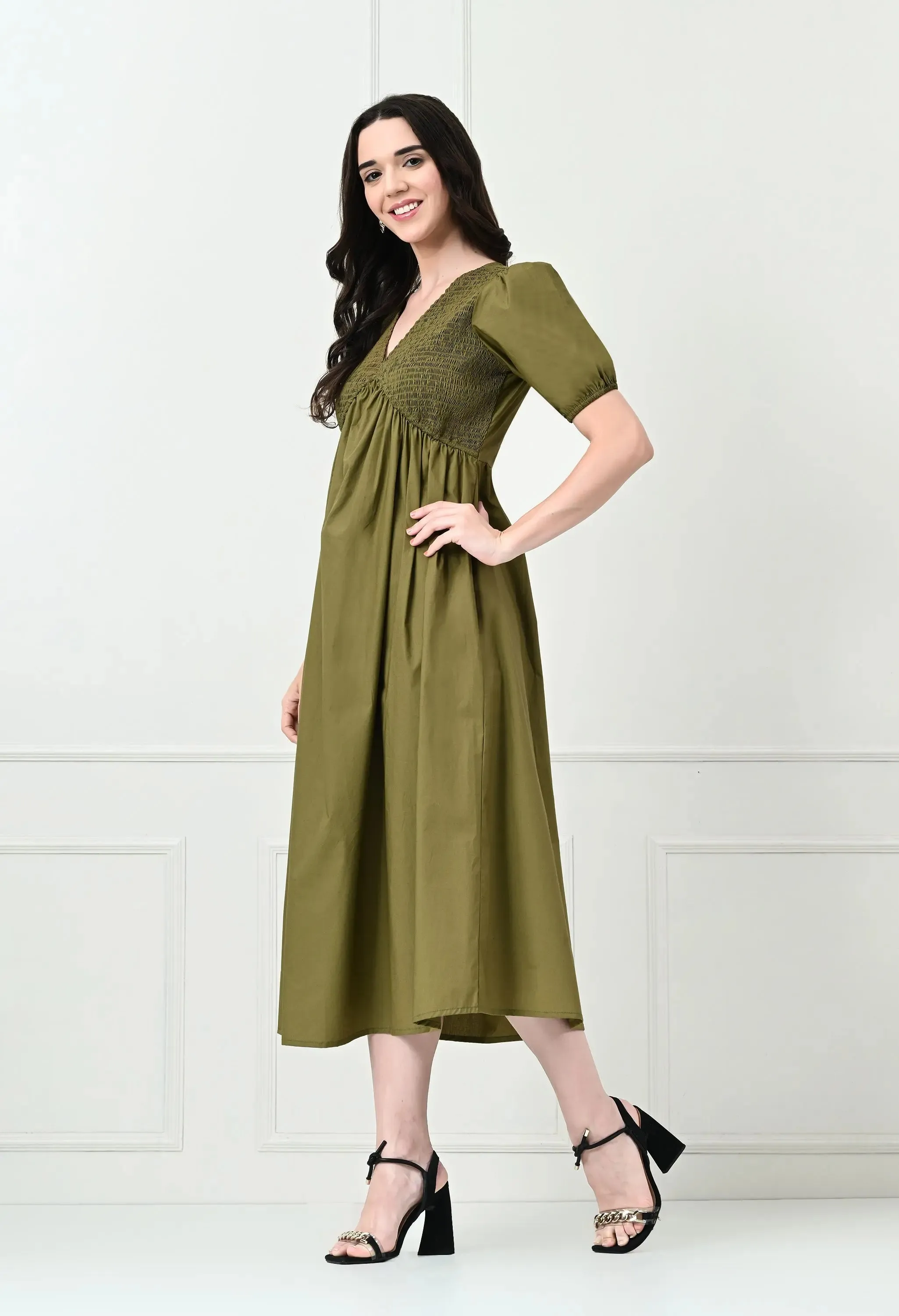 Khaki Shirred V-Neck Midi Dress