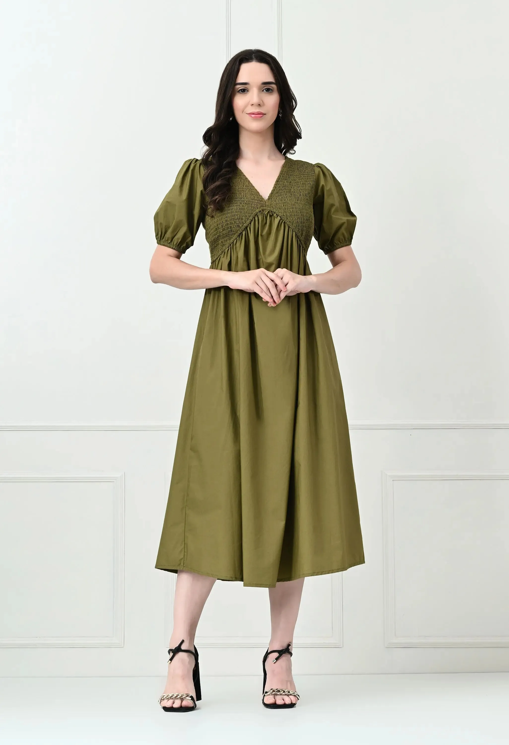 Khaki Shirred V-Neck Midi Dress