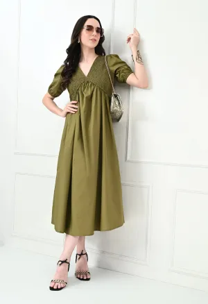 Khaki Shirred V-Neck Midi Dress