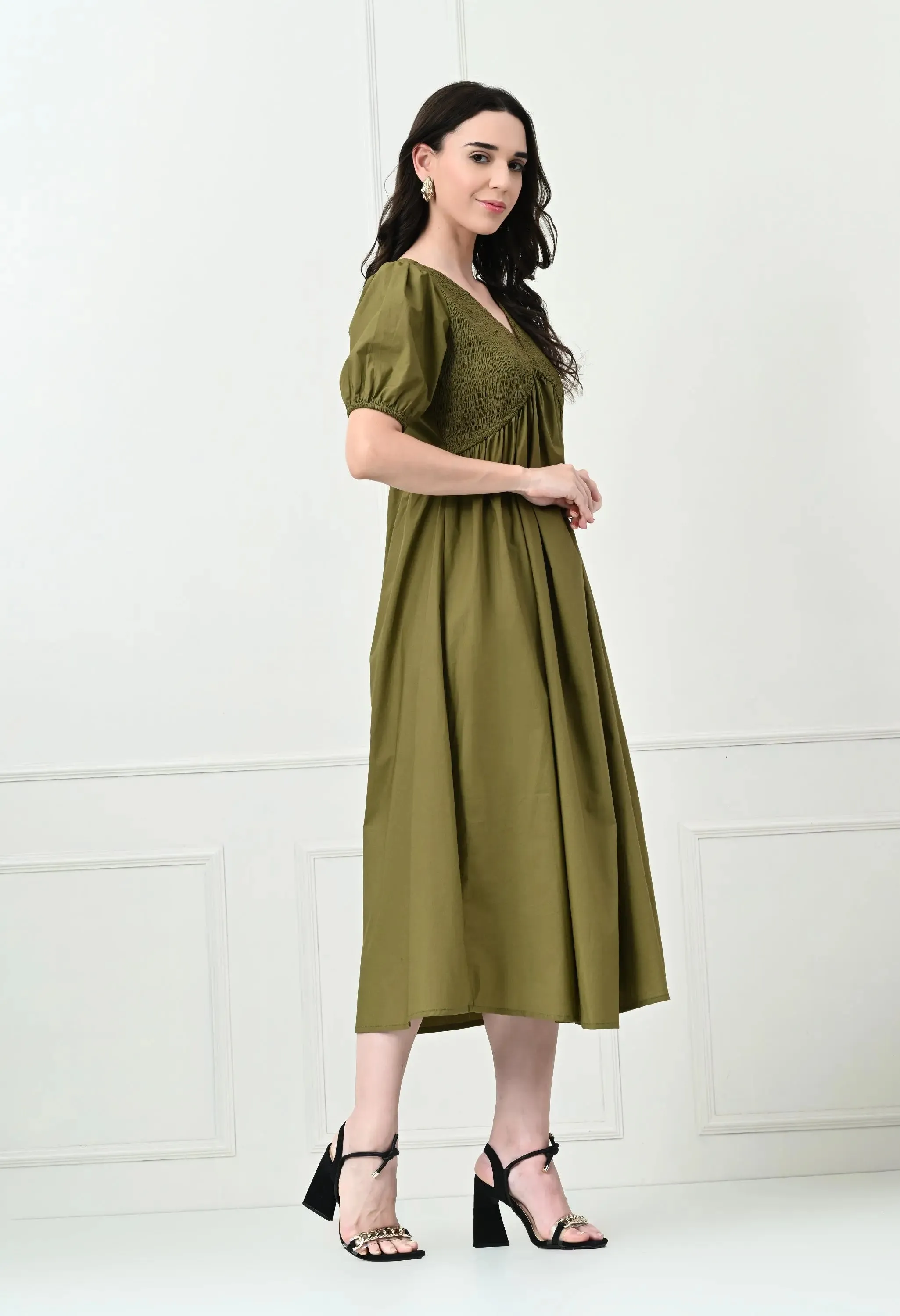Khaki Shirred V-Neck Midi Dress