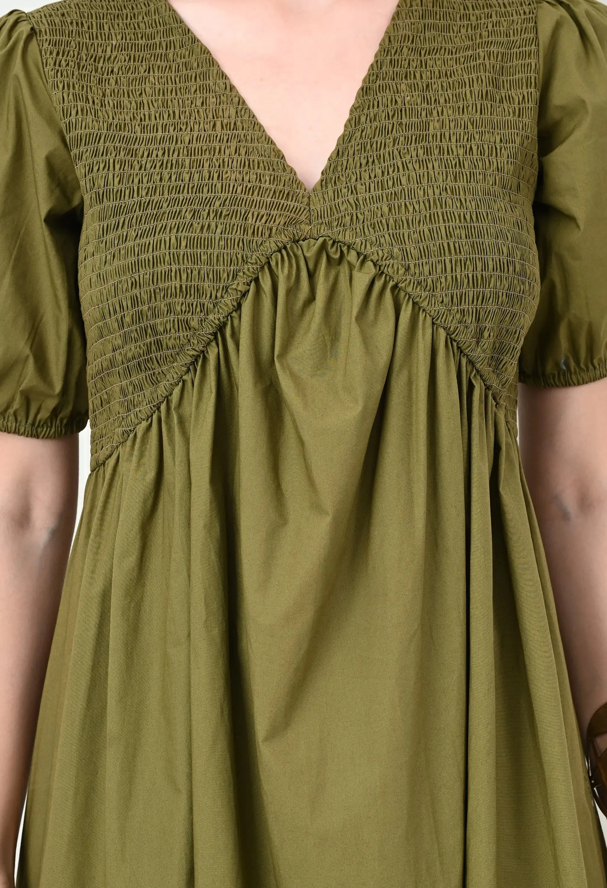 Khaki Shirred V-Neck Midi Dress