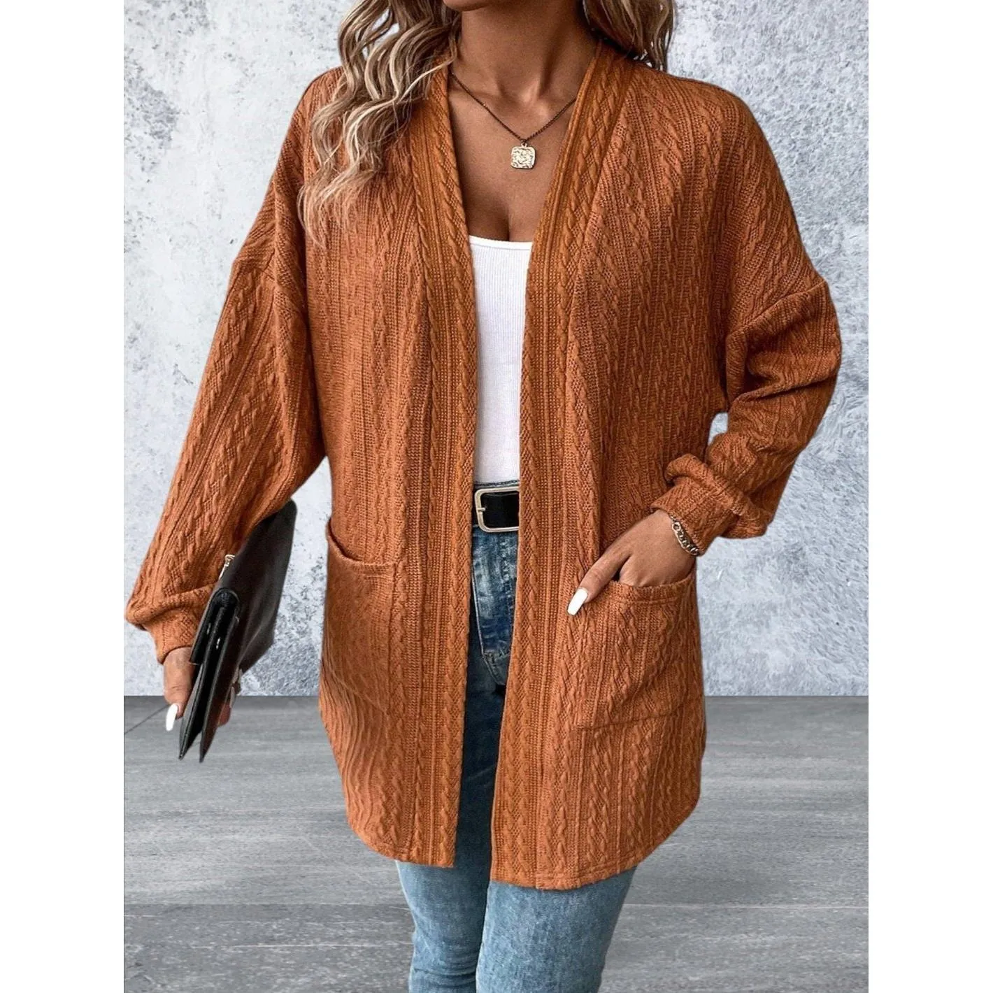 Knit Side Pockets Open Front Cardigan