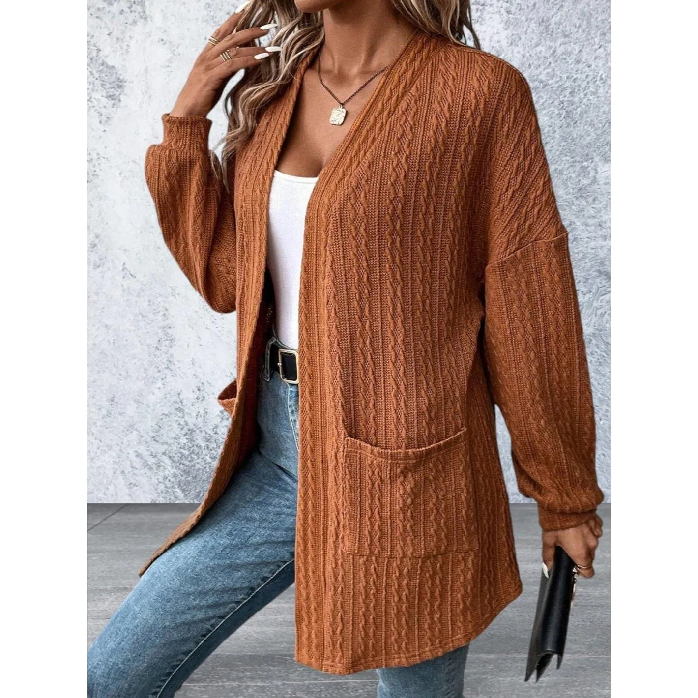 Knit Side Pockets Open Front Cardigan