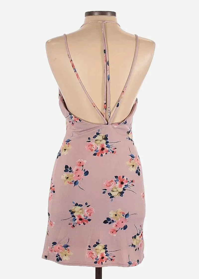Lavender Floral Square Halter Neck Open Back Mini Dress