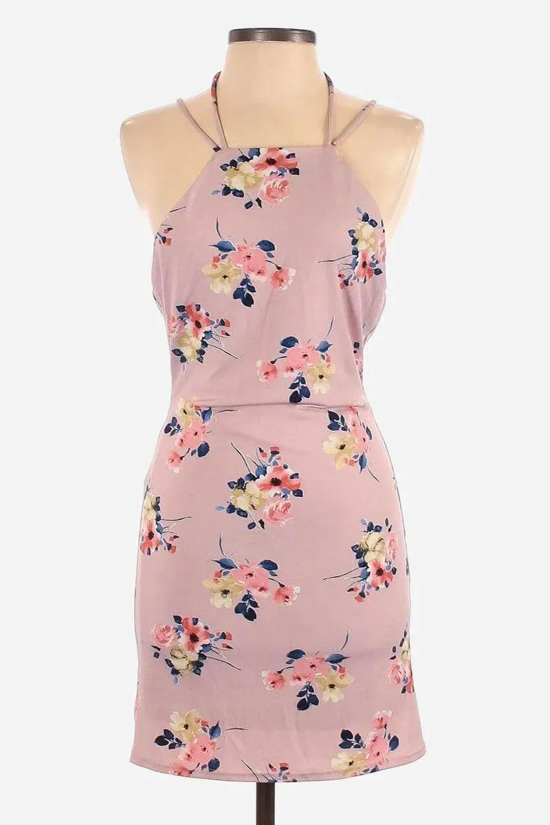 Lavender Floral Square Halter Neck Open Back Mini Dress