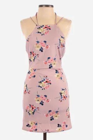 Lavender Floral Square Halter Neck Open Back Mini Dress