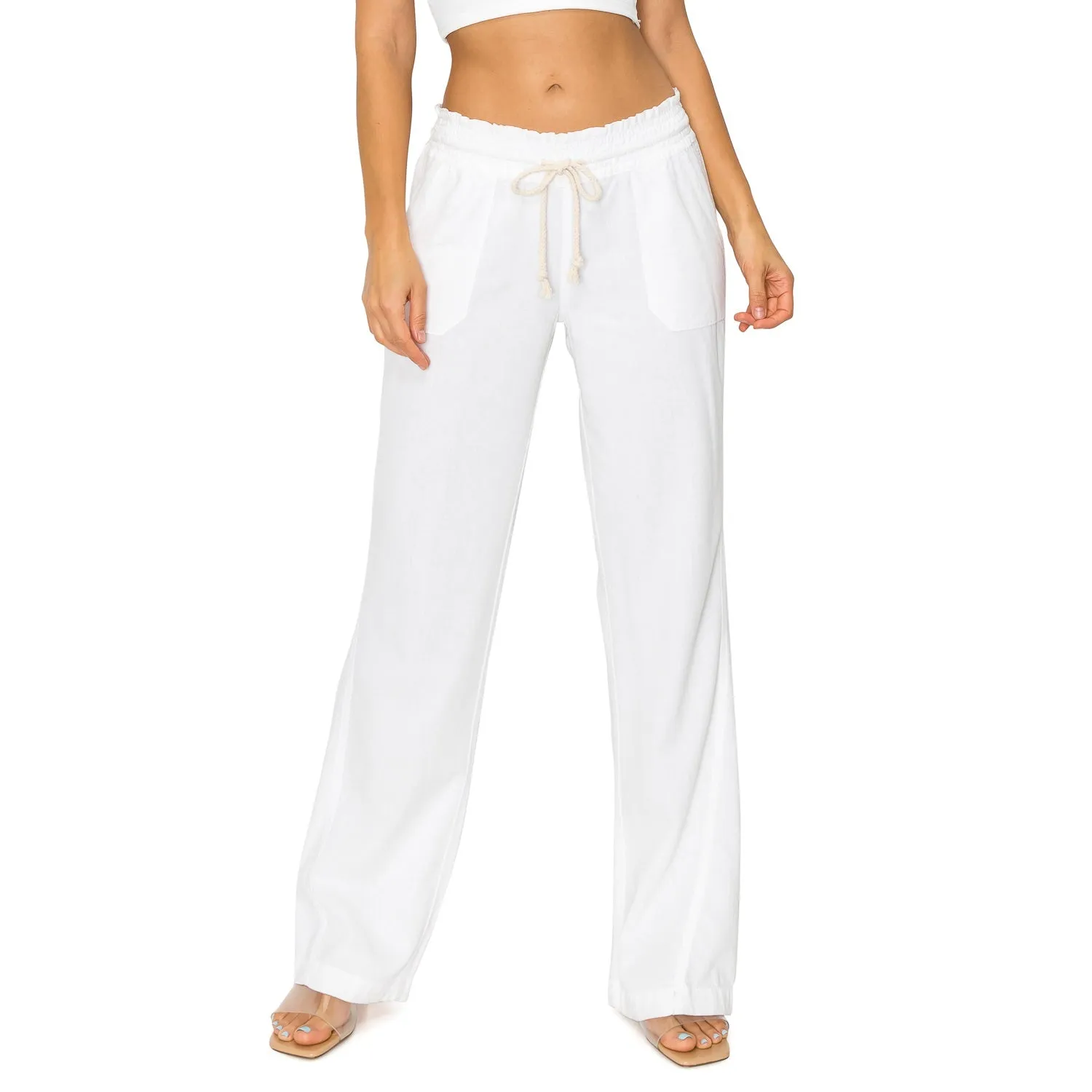 Linen Pants 32" Inseam Drawstring Smocked Waist Beach Pants - White