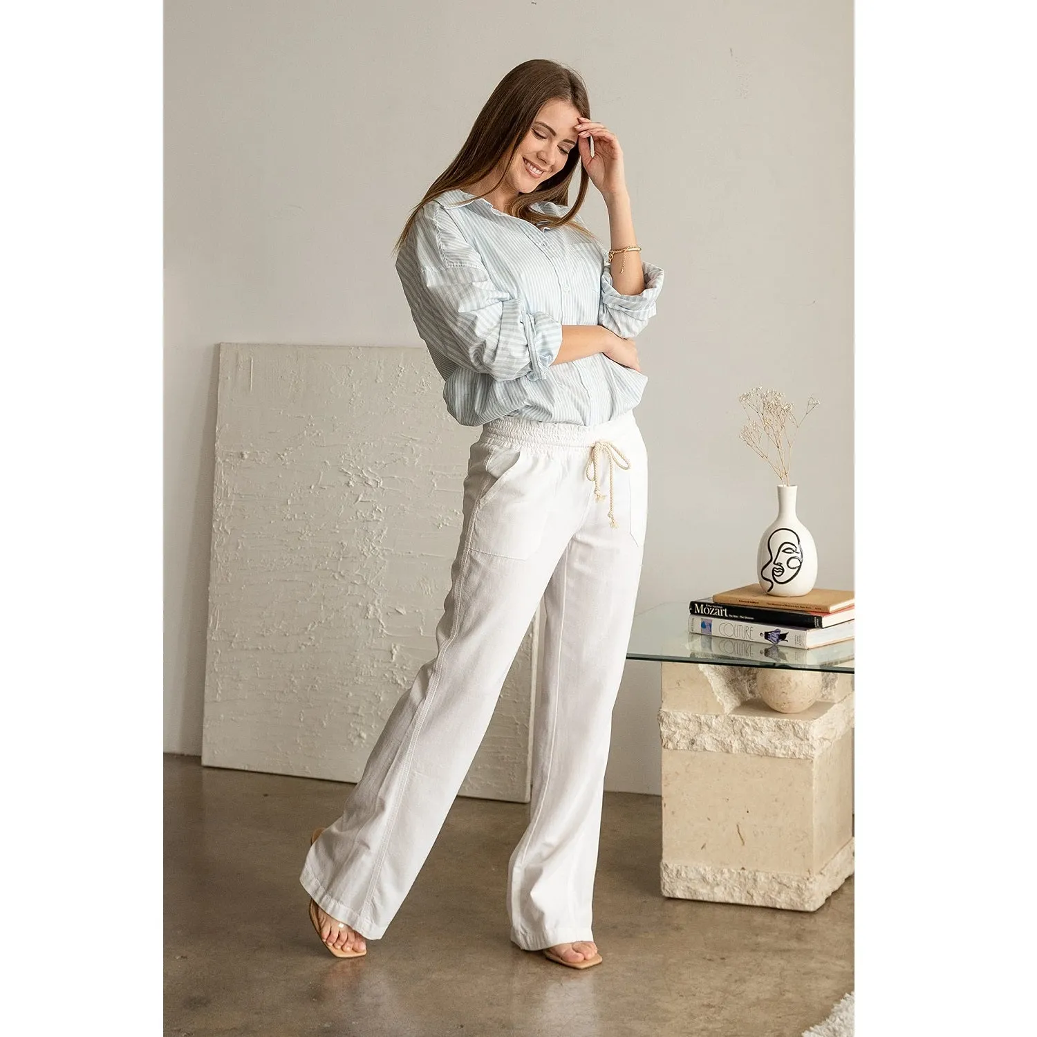 Linen Pants 32" Inseam Drawstring Smocked Waist Beach Pants - White