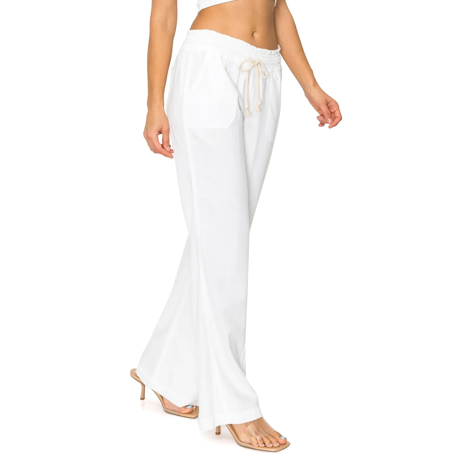 Linen Pants 32" Inseam Drawstring Smocked Waist Beach Pants - White