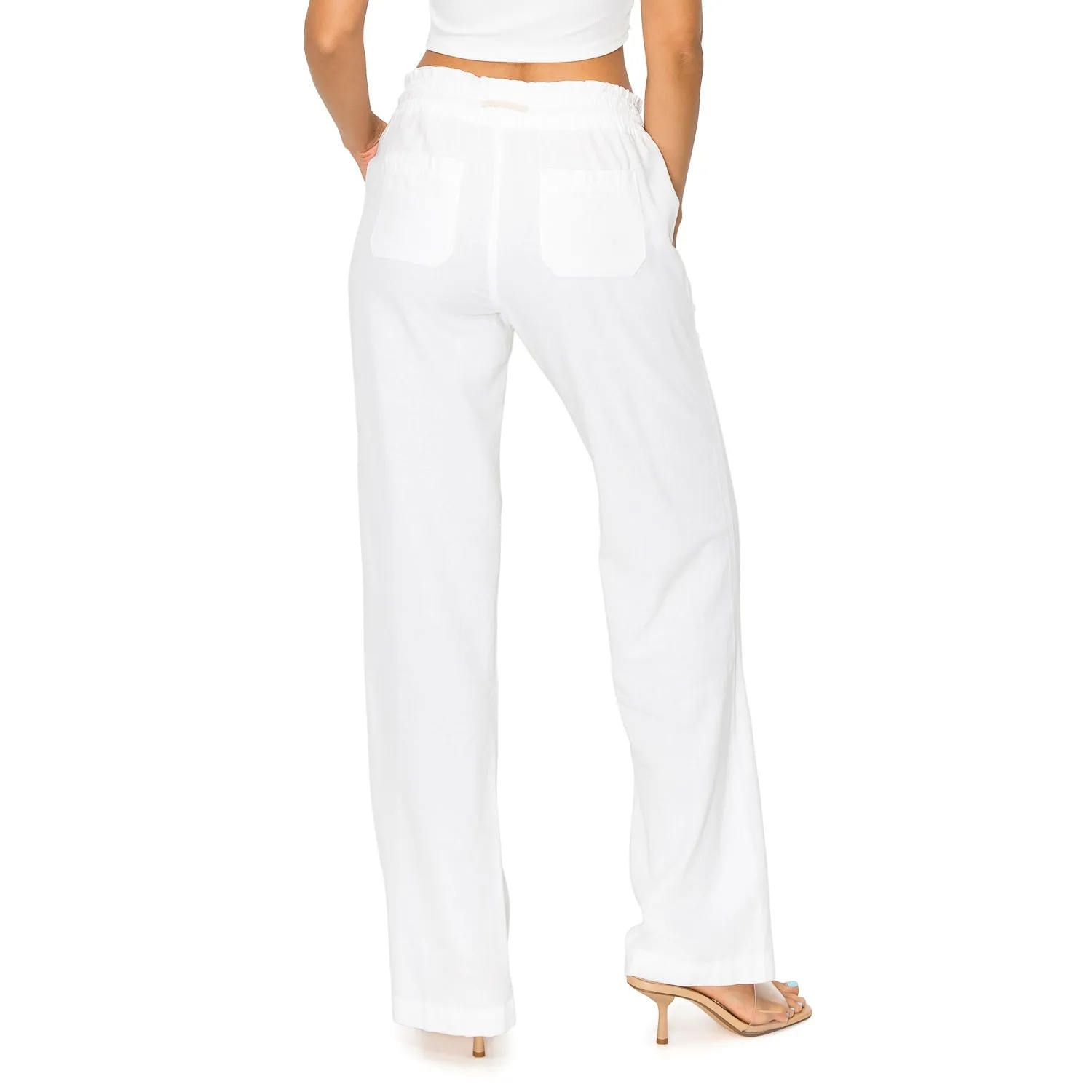 Linen Pants 32" Inseam Drawstring Smocked Waist Beach Pants - White
