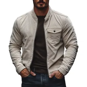 Men's Casual Stand Collar Corduroy Zip-up Slim Shirt Jacket 66807303M