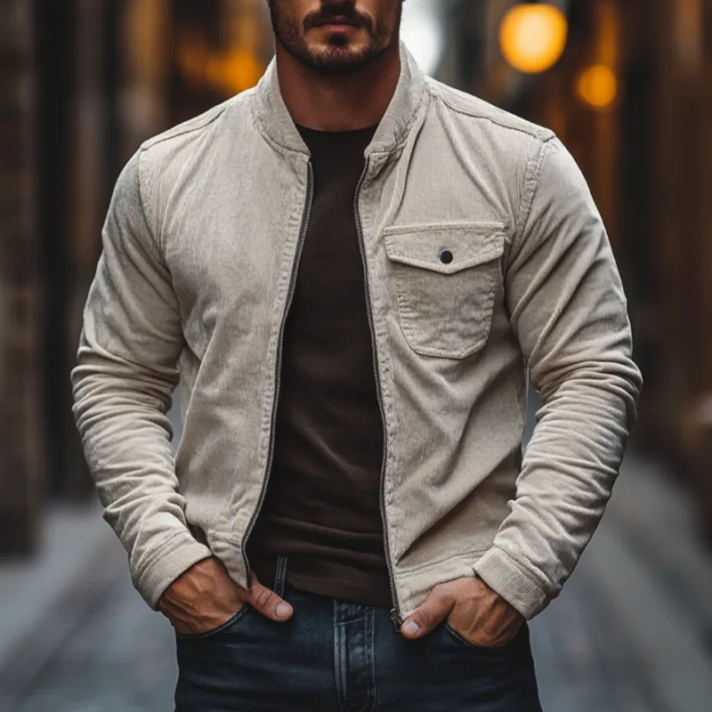 Men's Casual Stand Collar Corduroy Zip-up Slim Shirt Jacket 66807303M