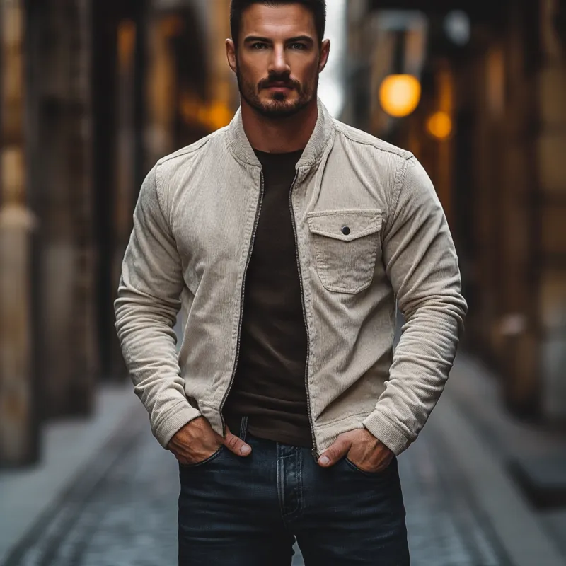 Men's Casual Stand Collar Corduroy Zip-up Slim Shirt Jacket 66807303M