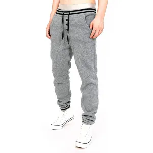 Mens Sport Pants Elastic Waist Drawstring Splicing Buttons Decorated Solid Color Casual Sportwear