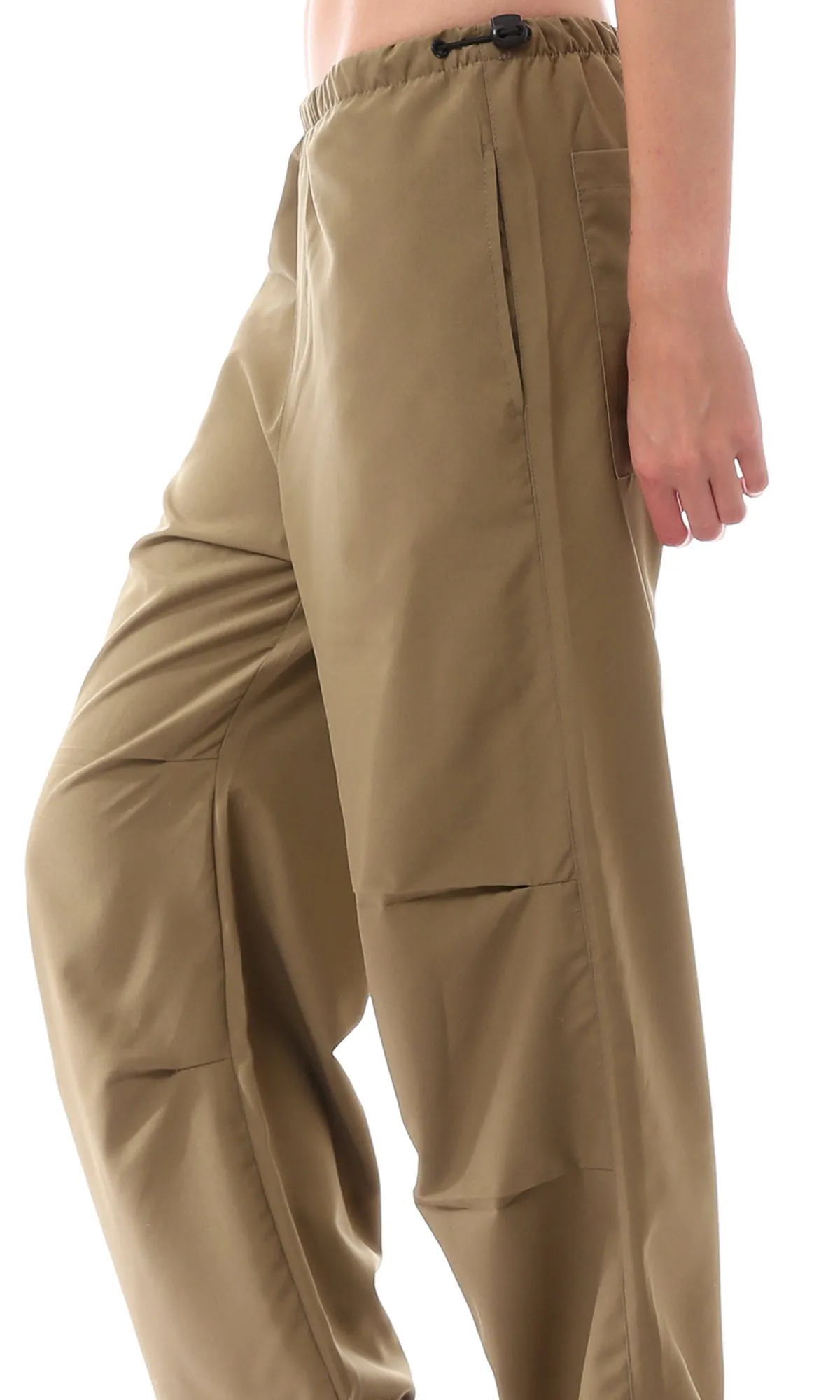 O168053 Elastic Waist With Drawstring Dark Khaki Parachute Pants