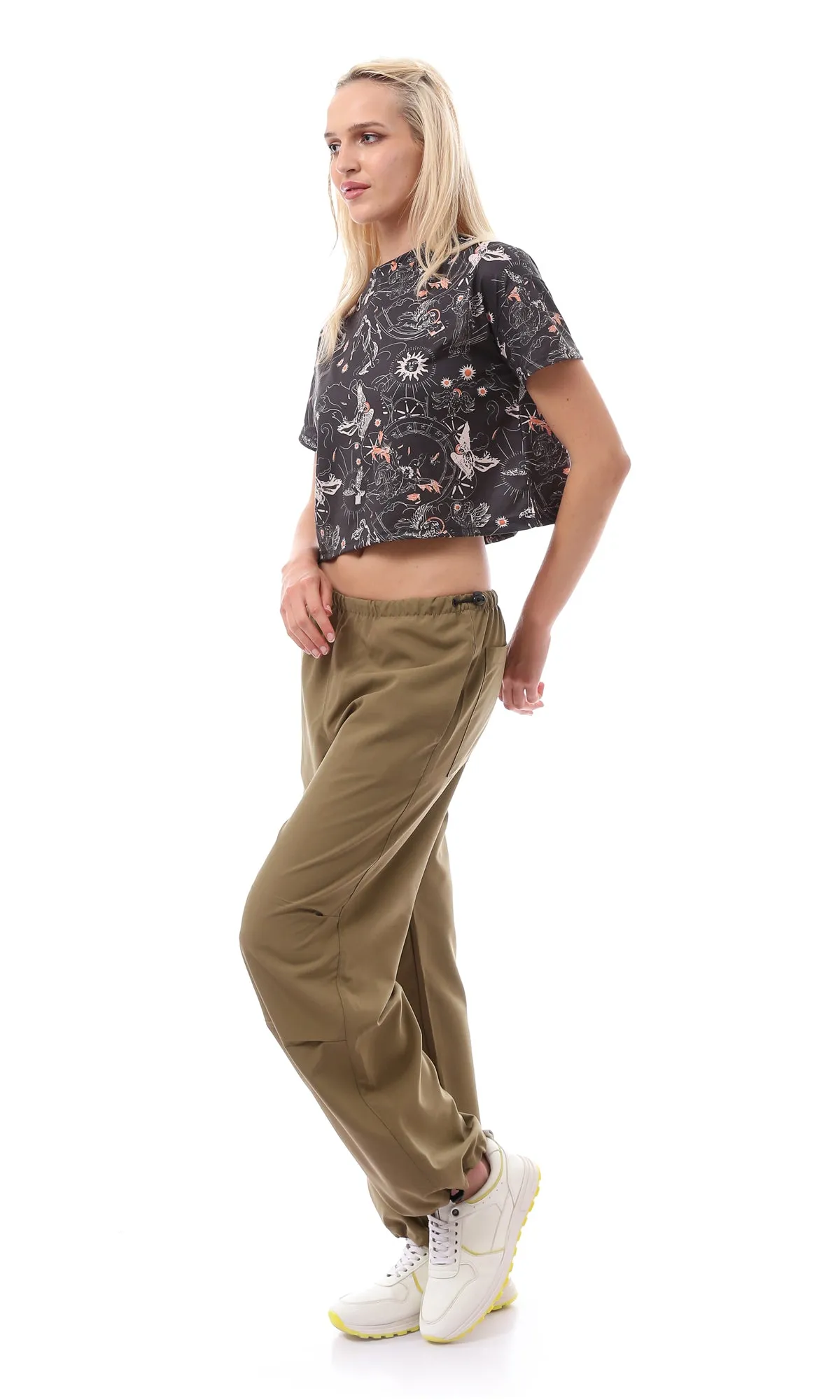 O168053 Elastic Waist With Drawstring Dark Khaki Parachute Pants
