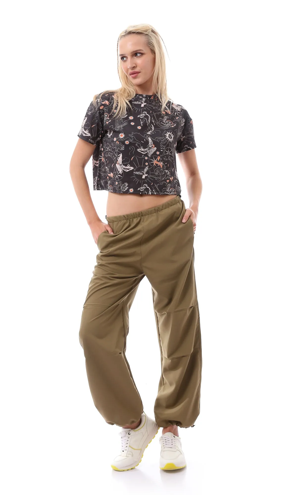 O168053 Elastic Waist With Drawstring Dark Khaki Parachute Pants