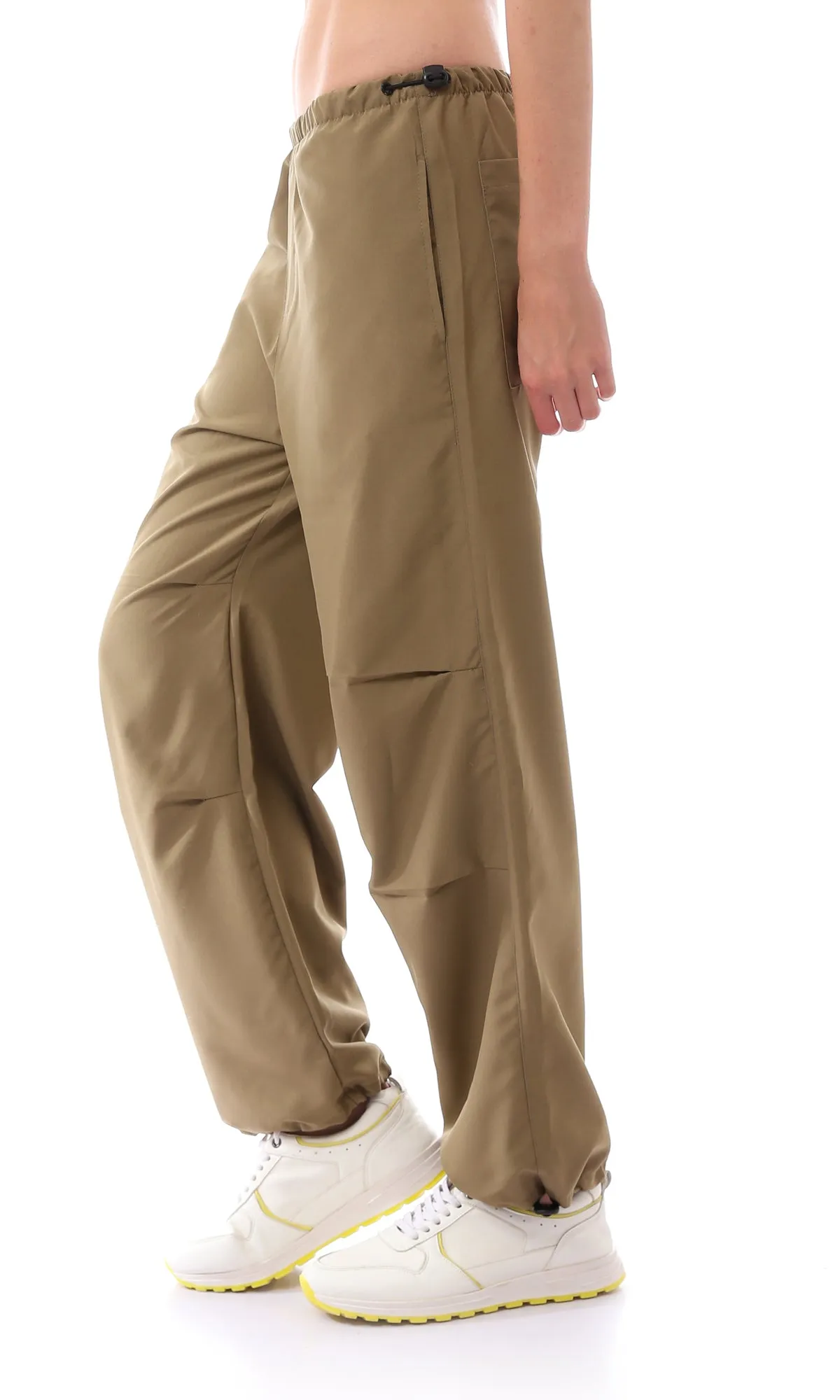 O168053 Elastic Waist With Drawstring Dark Khaki Parachute Pants