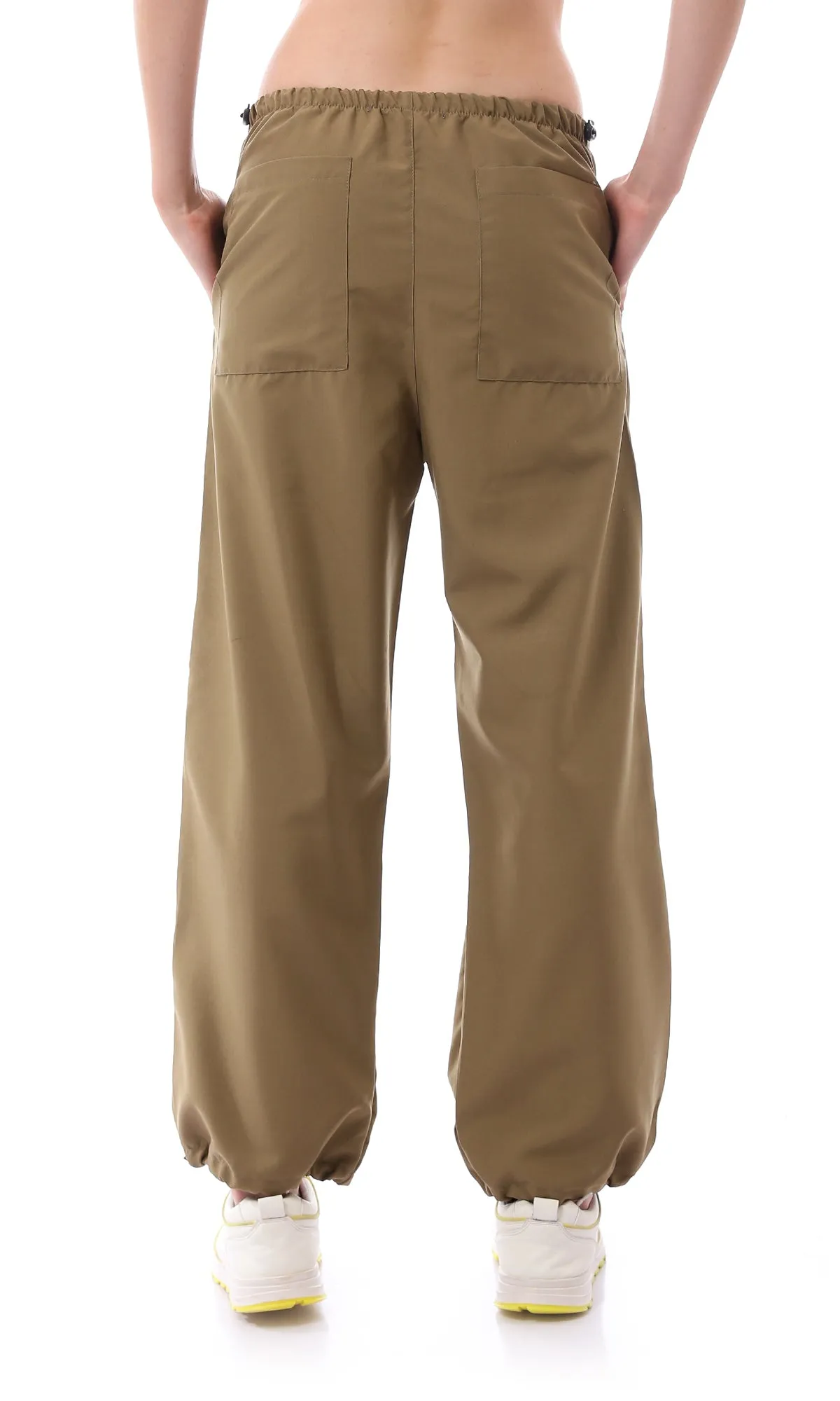 O168053 Elastic Waist With Drawstring Dark Khaki Parachute Pants