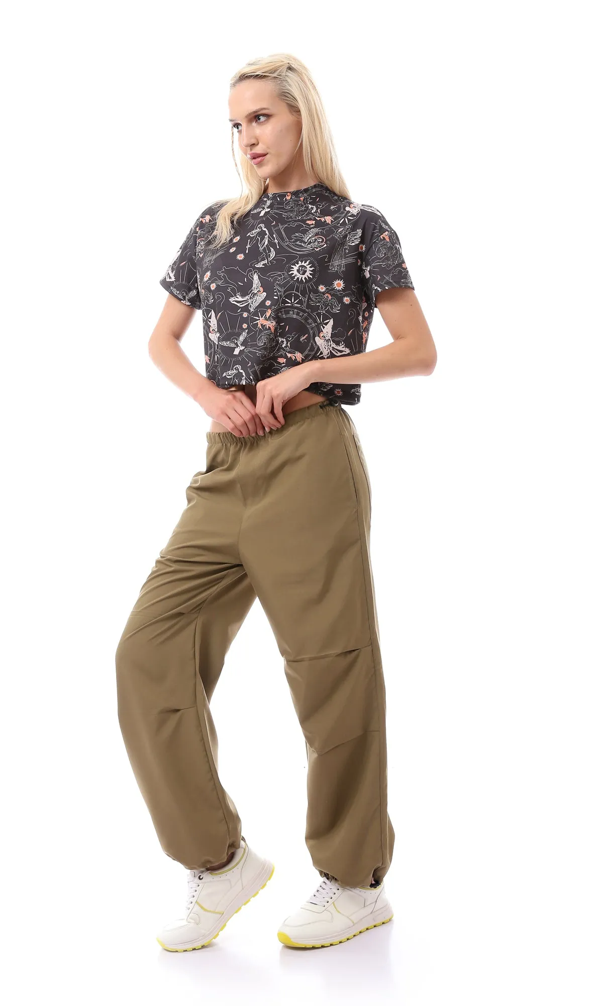 O168053 Elastic Waist With Drawstring Dark Khaki Parachute Pants
