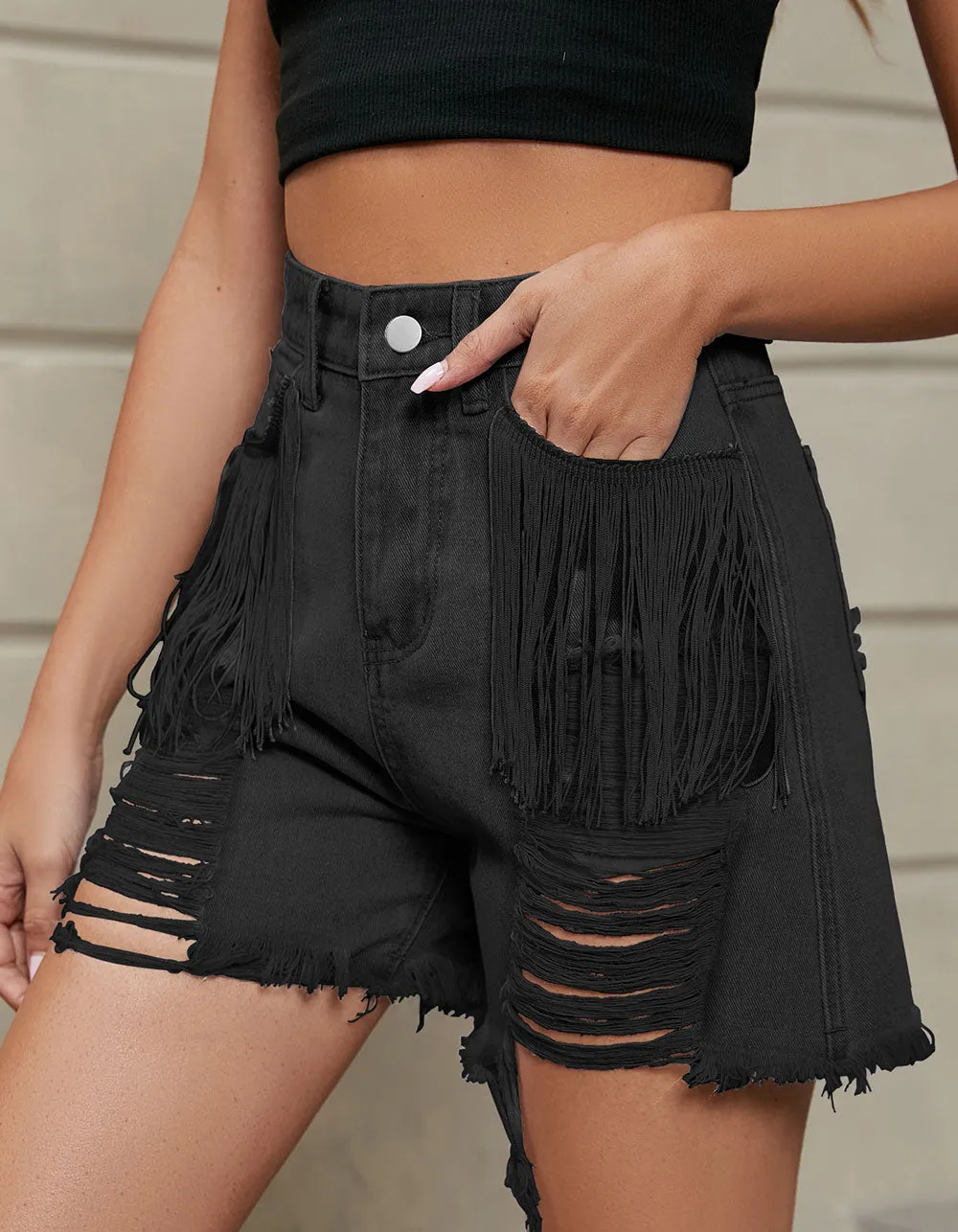 Plain Personalized Tassel Denim Shorts
