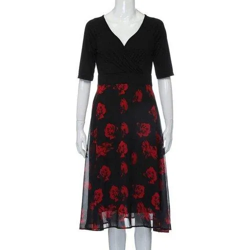 Plus Size V-Neck Mid-Calf Floral Dress