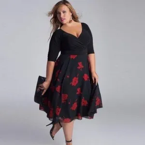 Plus Size V-Neck Mid-Calf Floral Dress