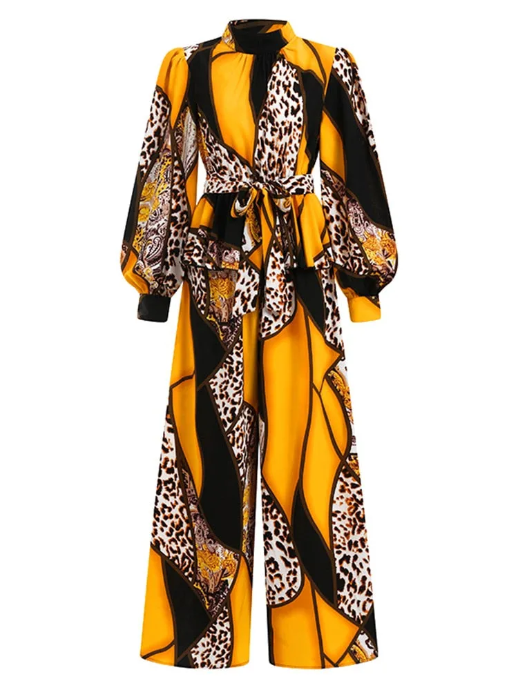 Printed Blouse and Long Wide Leg Trouser Sets 2PCS