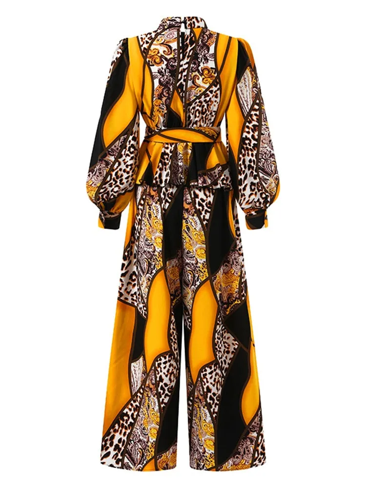 Printed Blouse and Long Wide Leg Trouser Sets 2PCS