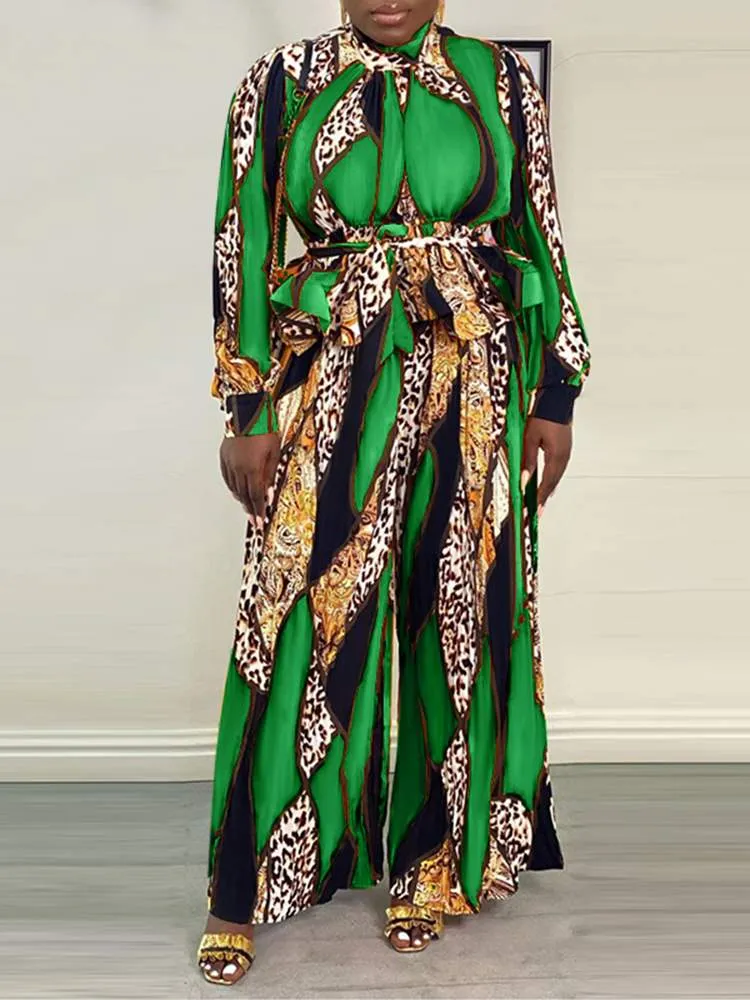 Printed Blouse and Long Wide Leg Trouser Sets 2PCS