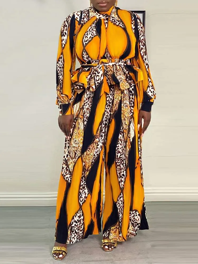 Printed Blouse and Long Wide Leg Trouser Sets 2PCS