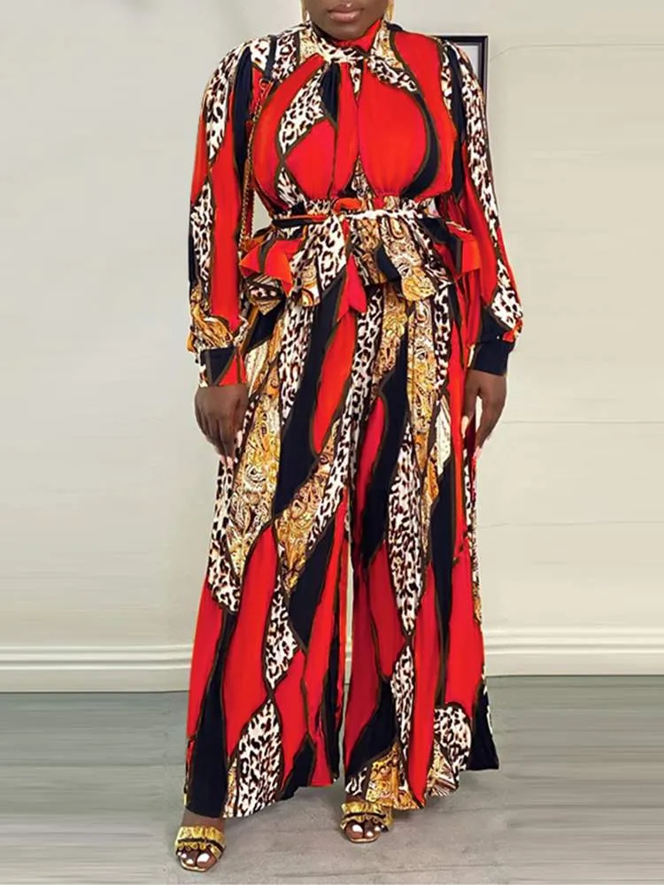 Printed Blouse and Long Wide Leg Trouser Sets 2PCS