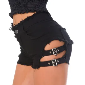 Punk Rock Style Sexy Women's High Waist Hollow Out Denim Hot Shorts With Bandage