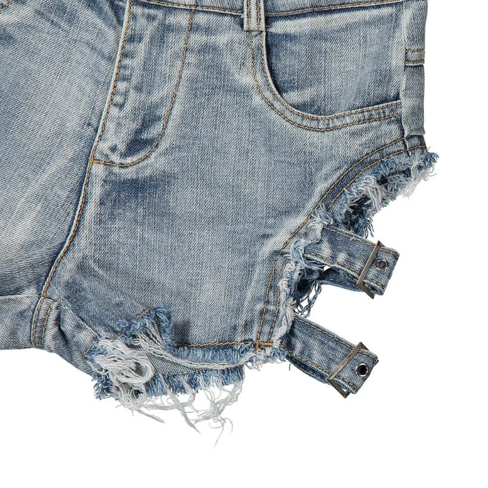 Punk Rock Style Sexy Women's High Waist Hollow Out Denim Hot Shorts With Bandage