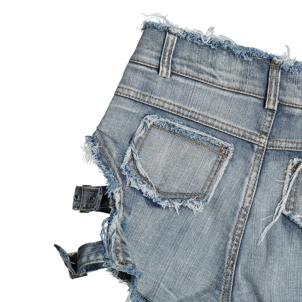 Punk Rock Style Sexy Women's High Waist Hollow Out Denim Hot Shorts With Bandage