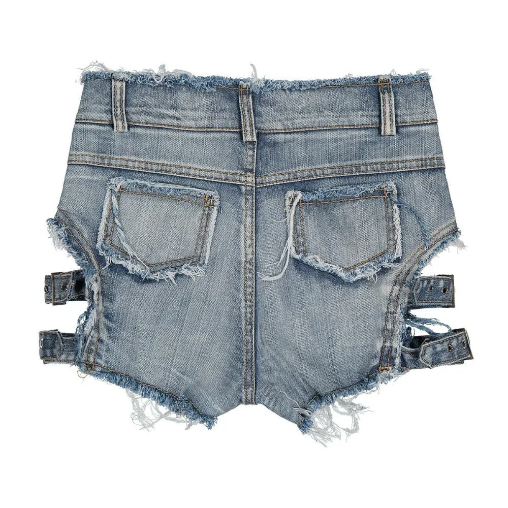 Punk Rock Style Sexy Women's High Waist Hollow Out Denim Hot Shorts With Bandage