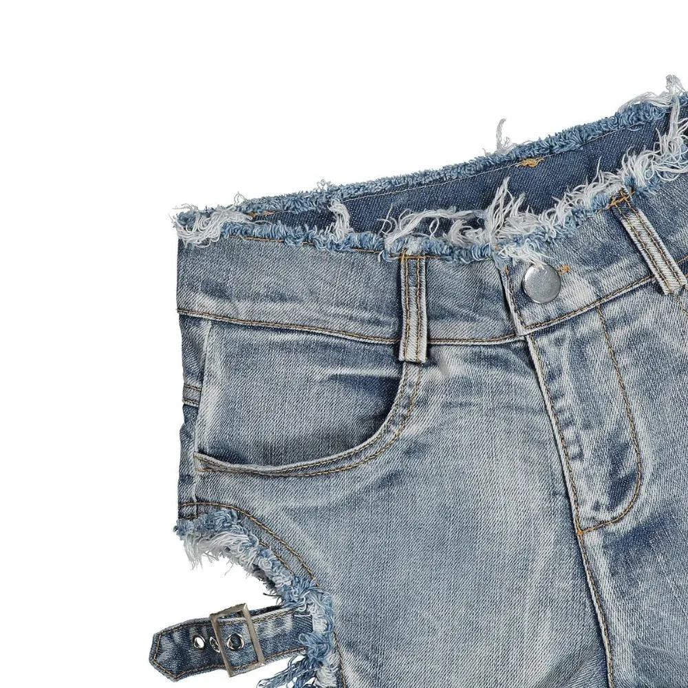 Punk Rock Style Sexy Women's High Waist Hollow Out Denim Hot Shorts With Bandage