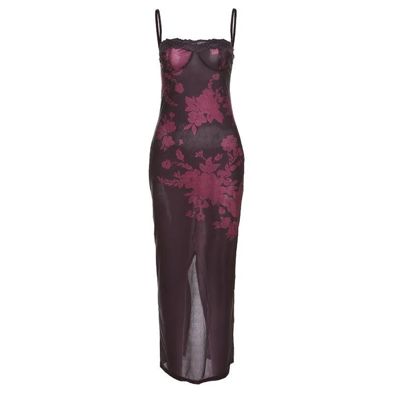 Retro Glam Lace Strap Slim Sheath Print Dress for Women