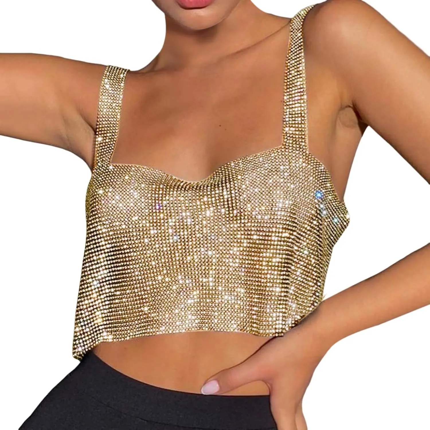 Rhinestone Club Tank Tops for Women Going Out Sequin Square Neck Sleeveless Y2K Shirts Camisole Glitter Party Cute