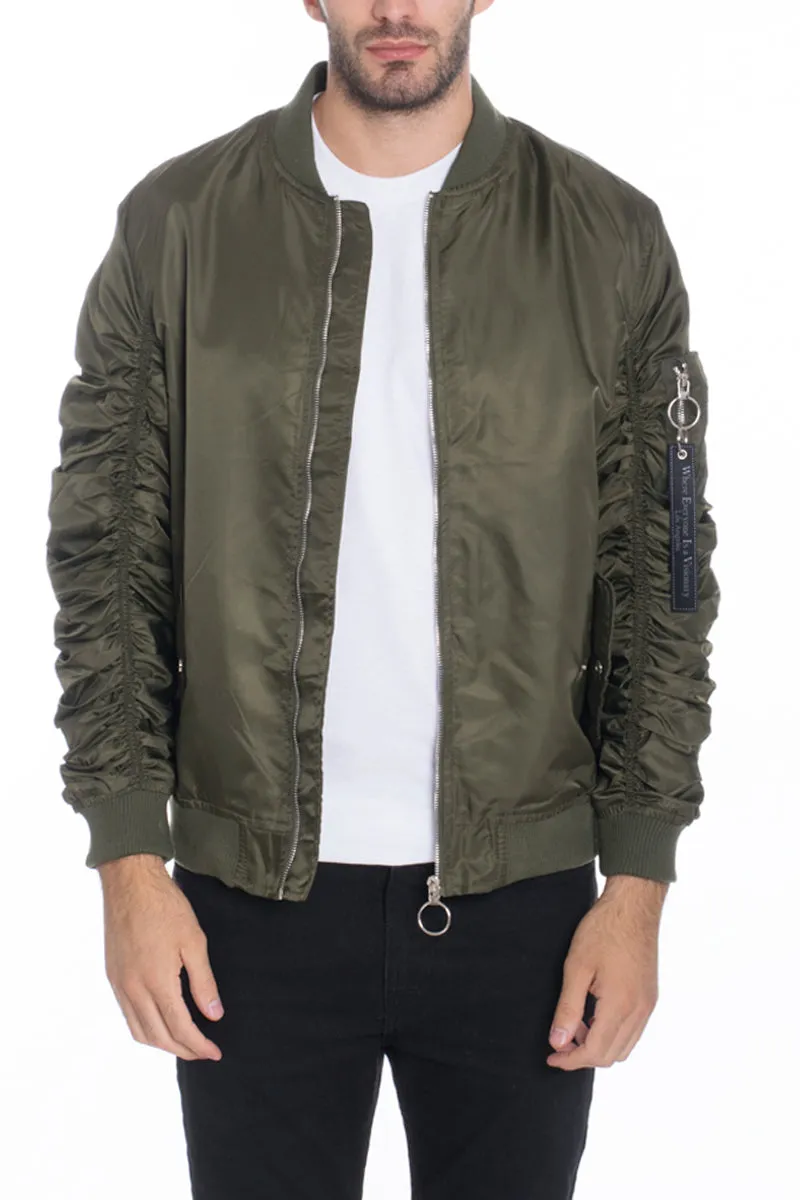 Solid Polyester Scrunched Windbreaker Bomber Jacket