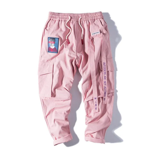 Streetwear Hip Hop Cargo Pants Men Women Ribbon Letter Embroidery Japanese Joggers Trousers Casual Harem Pants Pink