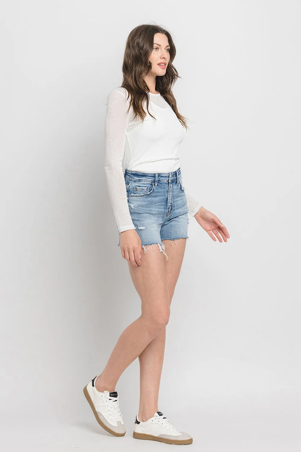 Vervet by Flying Monkey Distressed Raw Hem Washed Blue Denim Jean Shorts