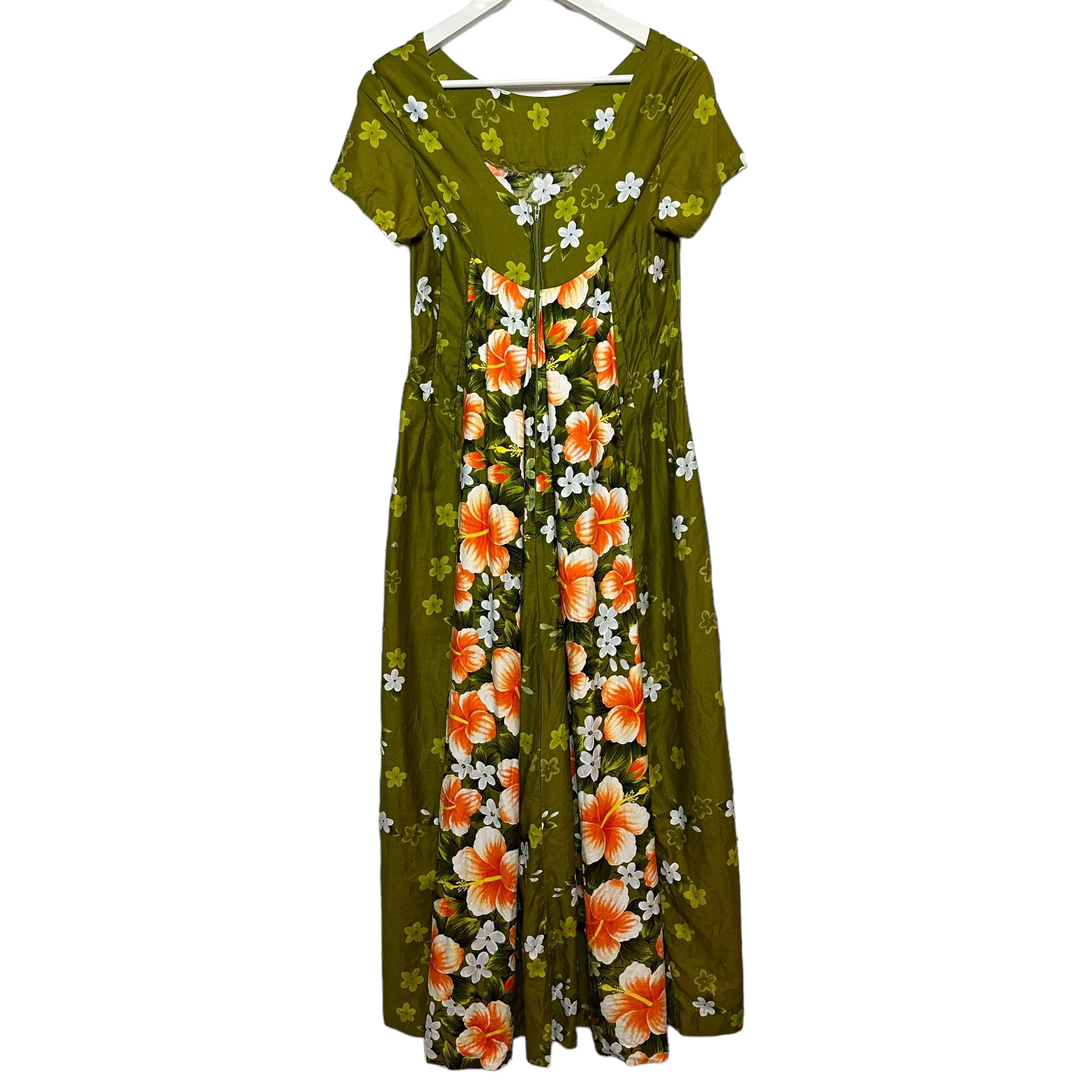 Vintage 60s Ui-Maikai Hawaiian Dress Maxi Hibiscus Green Orange Floral Small