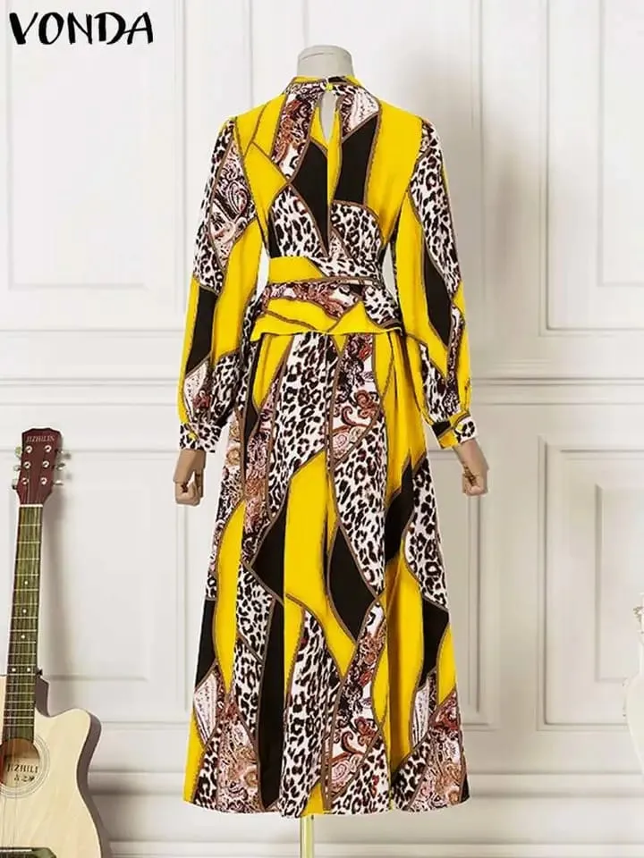 VONDA Summer Bohemian Robe Lantern Sleeve Maxi Sundress Vintage Lady Printed Pleated Long Dress Casual Belted Party Vestido S4318637