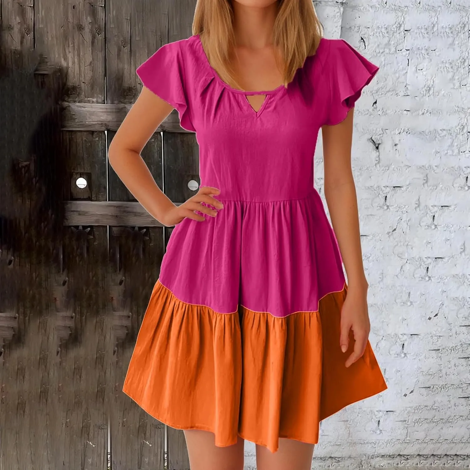 Women Ruffle Sleeve Mini Dress Fashion Color Block Notch V Neck Lounge Dresses Novelty Going Out T-Shirt Dress