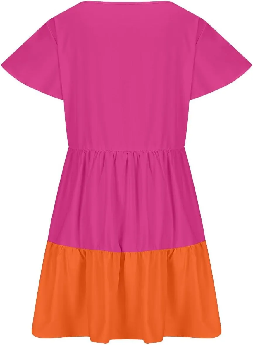 Women Ruffle Sleeve Mini Dress Fashion Color Block Notch V Neck Lounge Dresses Novelty Going Out T-Shirt Dress